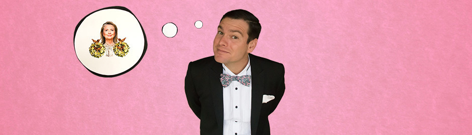Actor Arthur Meek playing Richard Meros is pictured with a whimsical look on his face against a pink background. A thought bubble with a picture of Hillary Clinton with yellow flower wreathes either side of her is off to the left.